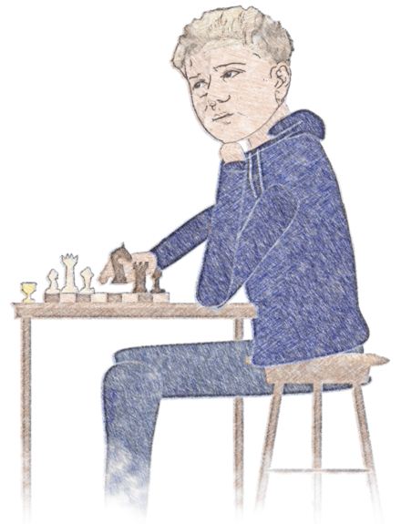 Hand-drawn crayon sketch of Kaon playing chess